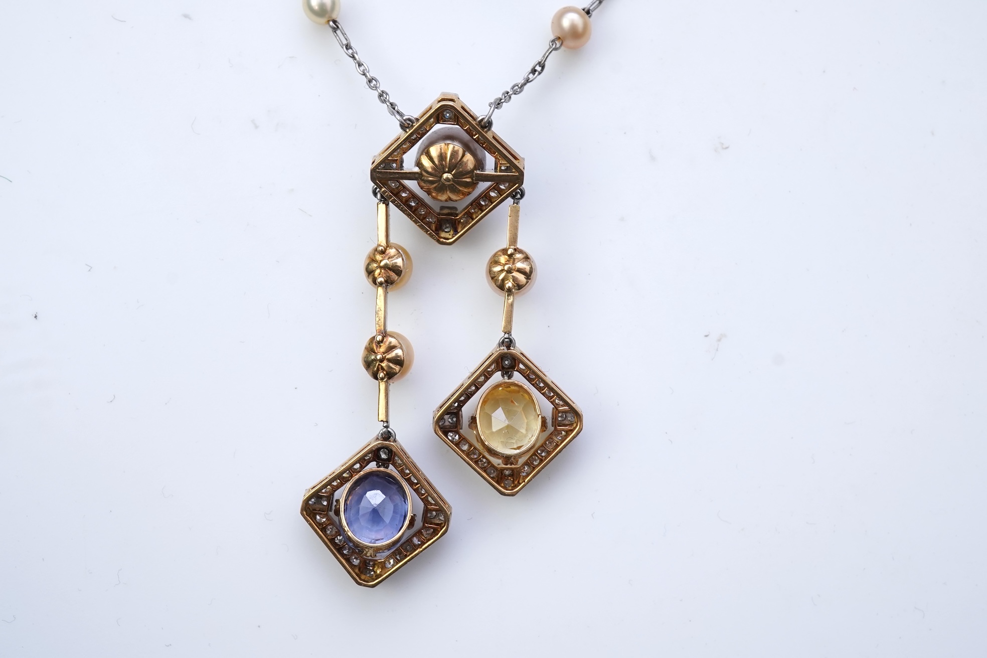 An Art Deco sapphire, natural pearl and diamond necklace, circa 1920